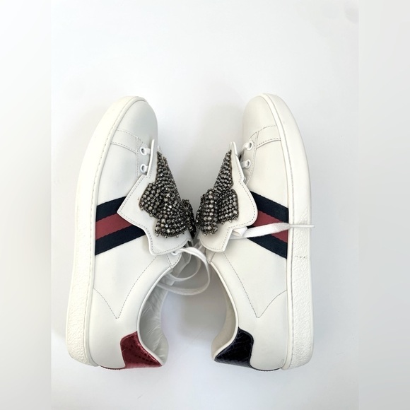 Gucci White Leather Ace Embellished Bow Patch Web Stripe low top sneakers EU38.5 - Picture 7 of 12